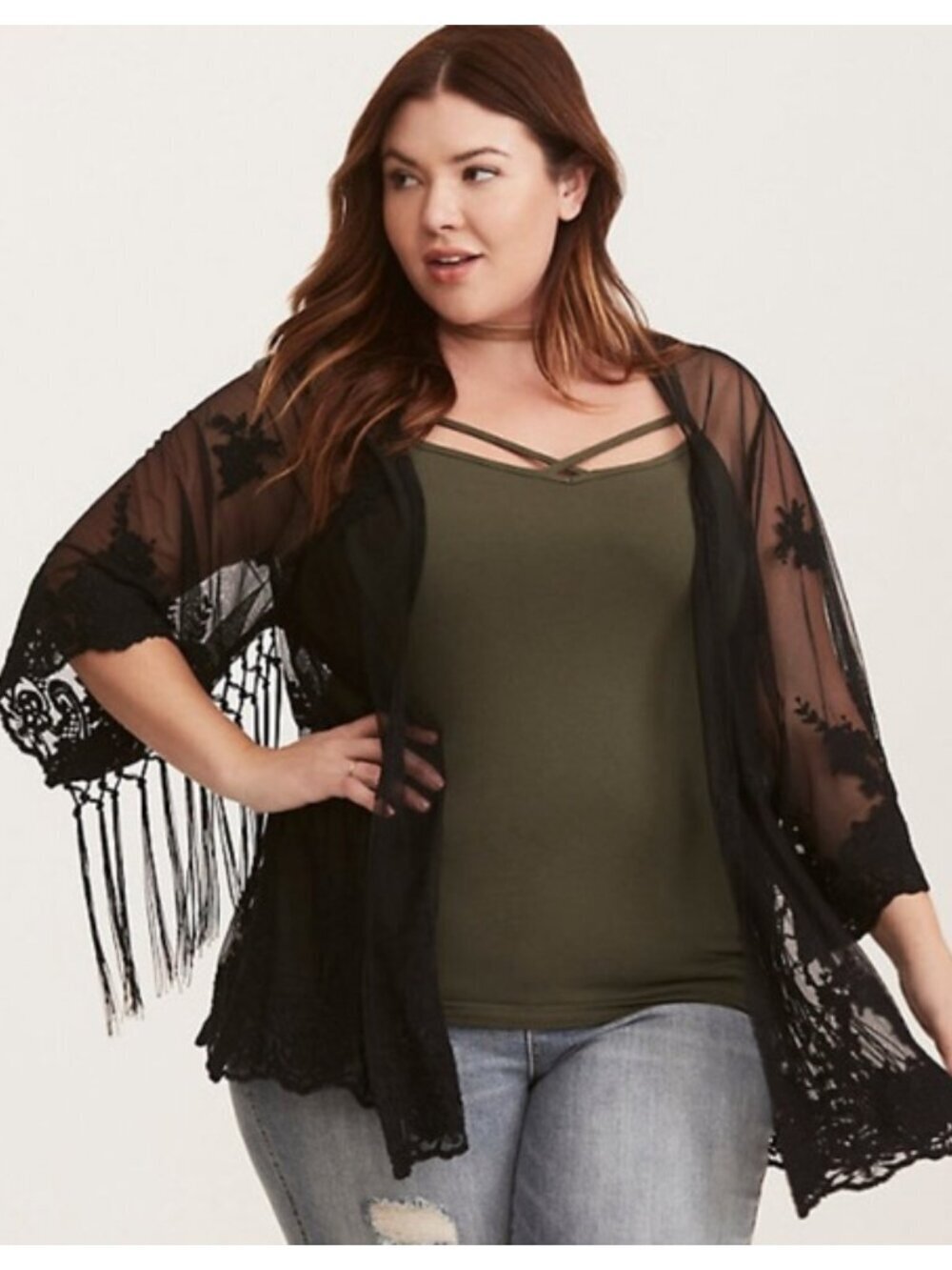 Torrid Black Lace Kimono 00/0 M/L Fringe Floral Embroidered Boho WhimsiGoth